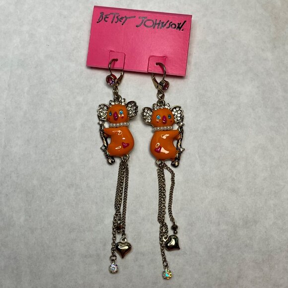 Betsey Johnson Orange Koala Drop Earrings With Rhinestones Gold Chains nwt $40 - Picture 1 of 4